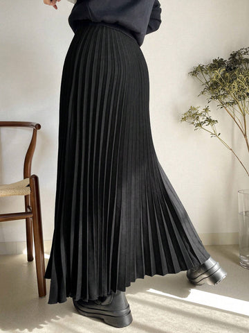 FRIFUL Women's Solid Color Pleated Maxi Length Casual Commuter Skirt FRIFUL Women's Solid Color Pleated Maxi Length Casual Commuter Skirt