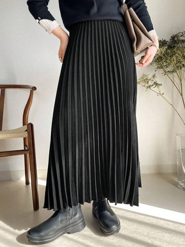 FRIFUL Women's Solid Color Pleated Maxi Length Casual Commuter Skirt FRIFUL Women's Solid Color Pleated Maxi Length Casual Commuter Skirt