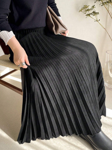 FRIFUL Women's Solid Color Pleated Maxi Length Casual Commuter Skirt FRIFUL Women's Solid Color Pleated Maxi Length Casual Commuter Skirt
