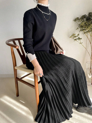 FRIFUL Women's Solid Color Pleated Maxi Length Casual Commuter Skirt FRIFUL Women's Solid Color Pleated Maxi Length Casual Commuter Skirt