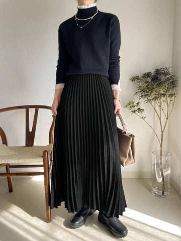 FRIFUL Women's Solid Color Pleated Maxi Length Casual Commuter Skirt FRIFUL Women's Solid Color Pleated Maxi Length Casual Commuter Skirt