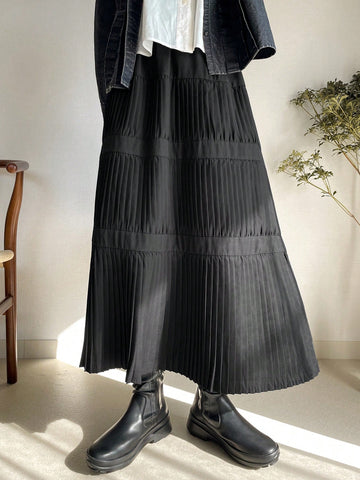 FRIFUL Women's Solid Color Pleated Minimalist A-Line Skirt, Casual Daily Wear FRIFUL Women's Solid Color Pleated Minimalist A-Line Skirt, Casual Daily Wear
