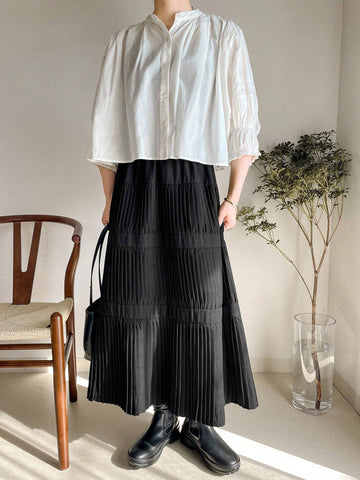 FRIFUL Women's Solid Color Pleated Minimalist A-Line Skirt, Casual Daily Wear FRIFUL Women's Solid Color Pleated Minimalist A-Line Skirt, Casual Daily Wear