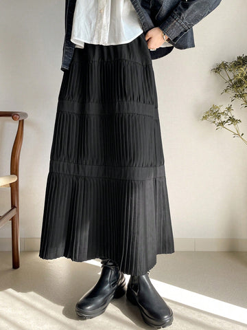 FRIFUL Women's Solid Color Pleated Minimalist A-Line Skirt, Casual Daily Wear FRIFUL Women's Solid Color Pleated Minimalist A-Line Skirt, Casual Daily Wear