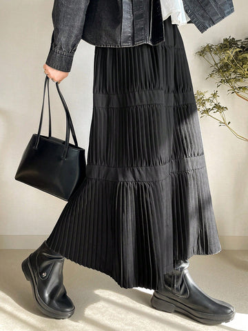 FRIFUL Women's Solid Color Pleated Minimalist A-Line Skirt, Casual Daily Wear FRIFUL Women's Solid Color Pleated Minimalist A-Line Skirt, Casual Daily Wear