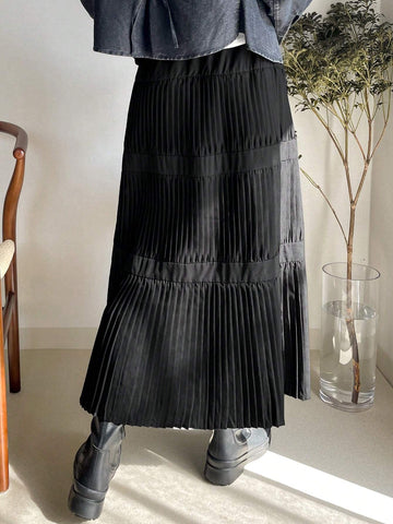 FRIFUL Women's Solid Color Pleated Minimalist A-Line Skirt, Casual Daily Wear FRIFUL Women's Solid Color Pleated Minimalist A-Line Skirt, Casual Daily Wear