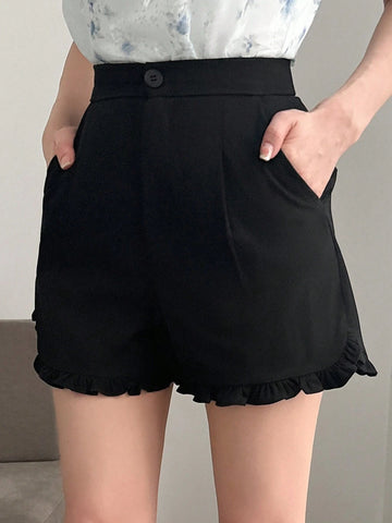 FRIFUL Women's Solid Color Pocketed Pleated Hem Sweet Summer Shorts FRIFUL Women's Solid Color Pocketed Pleated Hem Sweet Summer Shorts