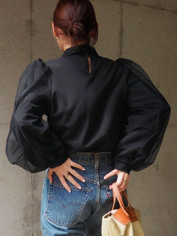 FRIFUL Women's Spring And Summer Solid Color Collared Loose Contrast Mesh Black Blouse FRIFUL Women's Spring And Summer Solid Color Collared Loose Contrast Mesh Black Blouse