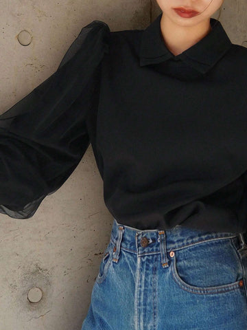 FRIFUL Women's Spring And Summer Solid Color Collared Loose Contrast Mesh Black Blouse FRIFUL Women's Spring And Summer Solid Color Collared Loose Contrast Mesh Black Blouse
