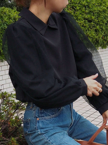 FRIFUL Women's Spring And Summer Solid Color Collared Loose Contrast Mesh Black Blouse FRIFUL Women's Spring And Summer Solid Color Collared Loose Contrast Mesh Black Blouse