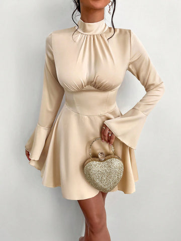 Fall Women's Dress Apricot Bow Tie High Neck Smocking Long Sleeves Flared Cuffs Everyday Mini Dress, Elegant Dress Fall Women's Dress Apricot Bow Tie High Neck Smocking Long Sleeves Flared Cuffs Everyday Mini Dress, Elegant Dress