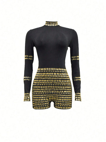 Fashion Black And Gold Dress For Women Rhinestone Jumpsuit Party Casual Style Fashion Black And Gold Dress For Women Rhinestone Jumpsuit Party Casual Style