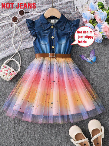 Fashion Splice Imitation Denim Dress For Girls, Summer Design Flare Sleeves Turn-Down Collar Waist Midi Dress Fashion Splice Imitation Denim Dress For Girls, Summer Design Flare Sleeves Turn-Down Collar Waist Midi Dress