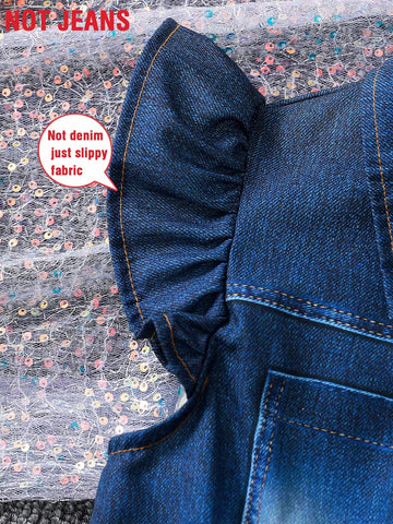 Fashion Splice Imitation Denim Dress For Girls, Summer Design Flare Sleeves Turn-Down Collar Waist Midi Dress Fashion Splice Imitation Denim Dress For Girls, Summer Design Flare Sleeves Turn-Down Collar Waist Midi Dress