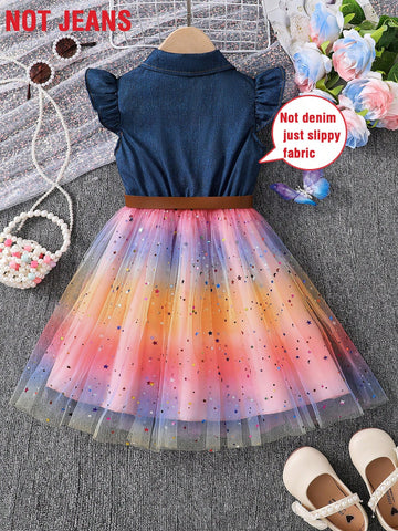 Fashion Splice Imitation Denim Dress For Girls, Summer Design Flare Sleeves Turn-Down Collar Waist Midi Dress Fashion Splice Imitation Denim Dress For Girls, Summer Design Flare Sleeves Turn-Down Collar Waist Midi Dress