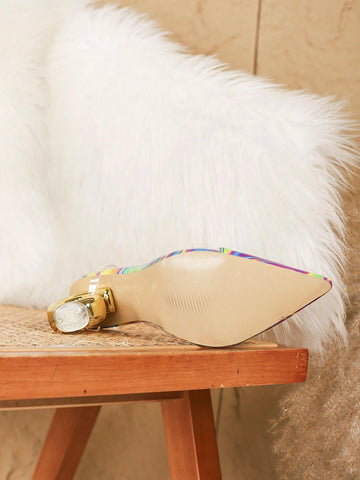 Fashionable Colorful Pointed Toe Simple Design Open Back Heeled Shoes, Elegant European Style Fashionable Colorful Pointed Toe Simple Design Open Back Heeled Shoes, Elegant European Style