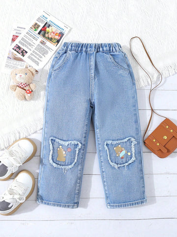 Fashionable, Cute, And Casual Straight Leg Jeans For Toddler Girls With A Bear Patch For Spring And Autumn Fashionable, Cute, And Casual Straight Leg Jeans For Toddler Girls With A Bear Patch For Spring And Autumn