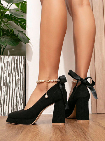 Fashionable Faux Pearl Chain Plush Bowknot Thick Heel High Heel Pumps With Waterproof Platform For Women's Fashionable Faux Pearl Chain Plush Bowknot Thick Heel High Heel Pumps With Waterproof Platform For Women's