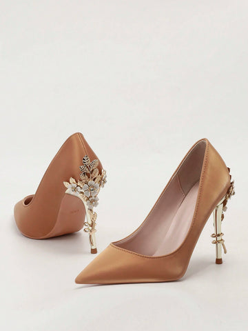 Fashionable Metallic Floral Stiletto High Heel Pointed Toe Women Pumps, Luxury Sexy Fashionable Metallic Floral Stiletto High Heel Pointed Toe Women Pumps, Luxury Sexy
