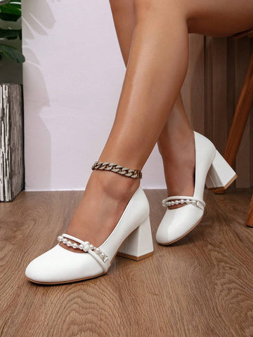 Fashionable Pearl Mary Jane Shoes, Round Toe Block Heels, Women Party & Wedding Shoes Fashionable Pearl Mary Jane Shoes, Round Toe Block Heels, Women Party & Wedding Shoes
