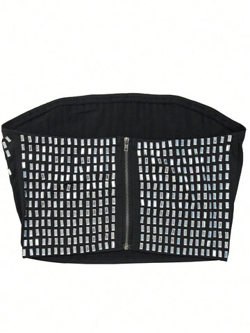 Fashionable Women's Set Of 2 Solid Color Crystal Backless Top And Skirt Fashionable Women's Set Of 2 Solid Color Crystal Backless Top And Skirt