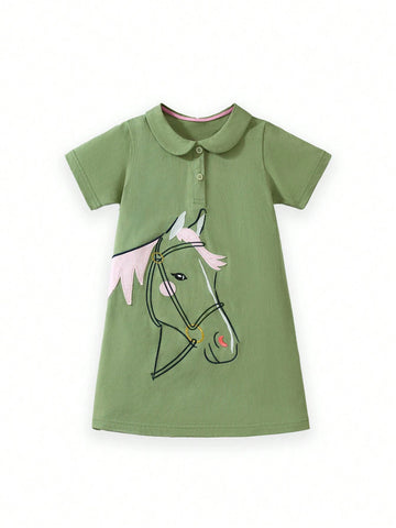 Fashionable Young Girls Polo Collar Cartoon Pony Embroidery Short Sleeve Dress Fashionable Young Girls Polo Collar Cartoon Pony Embroidery Short Sleeve Dress