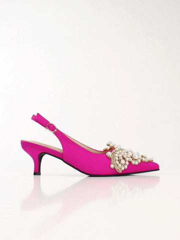 Faux Pearl & Rhinestone Decor Stiletto Heeled Slingback Pumps, Back Straps, Pink Pearl & Rhinestone Faux Pearl & Rhinestone Decor Stiletto Heeled Slingback Pumps, Back Straps, Pink Pearl & Rhinestone
