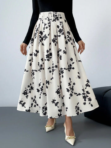 Firerie Women's Elegant Floral Print Pleated Skirt, Autumn Firerie Women's Elegant Floral Print Pleated Skirt, Autumn