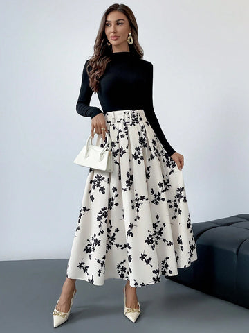 Firerie Women's Elegant Floral Print Pleated Skirt, Autumn Firerie Women's Elegant Floral Print Pleated Skirt, Autumn