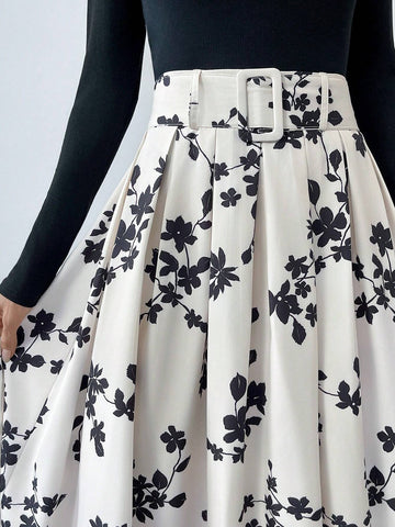 Firerie Women's Elegant Floral Print Pleated Skirt, Autumn Firerie Women's Elegant Floral Print Pleated Skirt, Autumn