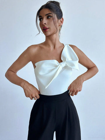 Women's Elegant One Shoulder Bodysuit With Bowknot Women's Elegant One Shoulder Bodysuit With Bowknot