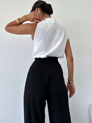 One Shoulder Positioning Print Elegant Resort Shirt,Ladies Elegant Appliques,Button Sleeveless One Shoulder Positioning Print Elegant Resort Shirt,Ladies Elegant Appliques,Button Sleeveless