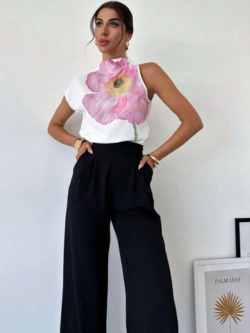 One Shoulder Positioning Print Elegant Resort Shirt,Ladies Elegant Appliques,Button Sleeveless One Shoulder Positioning Print Elegant Resort Shirt,Ladies Elegant Appliques,Button Sleeveless