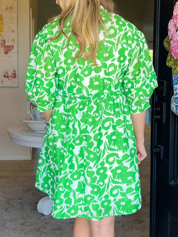 Fiyote Green Floral Print Puff Sleeve Ruffle Trim High Waist V-Neck Babydoll Dress Fiyote Green Floral Print Puff Sleeve Ruffle Trim High Waist V-Neck Babydoll Dress