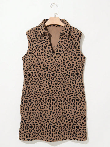 Fiyote Khaki Leopard Print V-Neck Sleeveless Mini Dress Fiyote Khaki Leopard Print V-Neck Sleeveless Mini Dress
