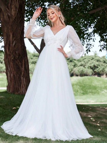 Floral Appliques Lantern Sleeve Mesh Wedding Dress Floral Appliques Lantern Sleeve Mesh Wedding Dress