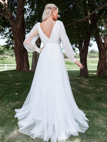 Floral Appliques Lantern Sleeve Mesh Wedding Dress Floral Appliques Lantern Sleeve Mesh Wedding Dress