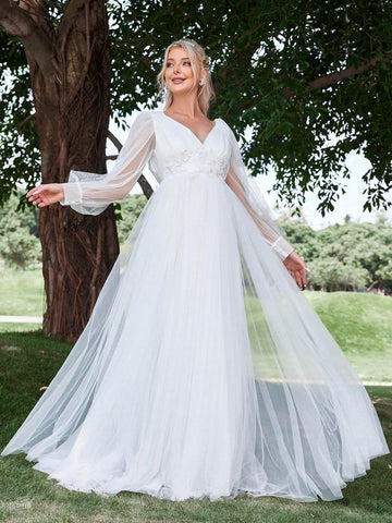 Floral Appliques Lantern Sleeve Mesh Wedding Dress Floral Appliques Lantern Sleeve Mesh Wedding Dress