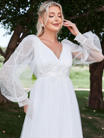 Floral Appliques Lantern Sleeve Mesh Wedding Dress Floral Appliques Lantern Sleeve Mesh Wedding Dress