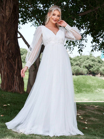 Floral Appliques Lantern Sleeve Mesh Wedding Dress Floral Appliques Lantern Sleeve Mesh Wedding Dress