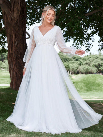 Floral Appliques Lantern Sleeve Mesh Wedding Dress Floral Appliques Lantern Sleeve Mesh Wedding Dress