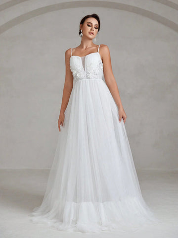 Floral Appliques Mesh Backless Lace Up Cami Wedding Dress Floral Appliques Mesh Backless Lace Up Cami Wedding Dress