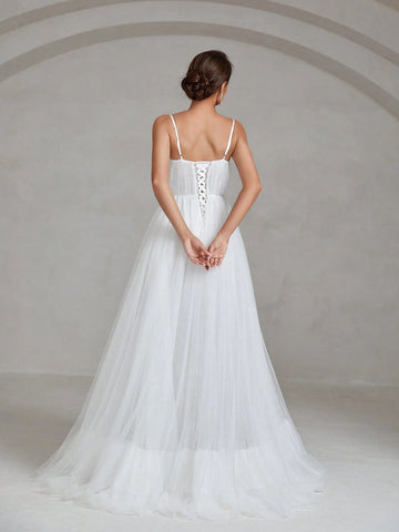Floral Appliques Mesh Backless Lace Up Cami Wedding Dress Floral Appliques Mesh Backless Lace Up Cami Wedding Dress