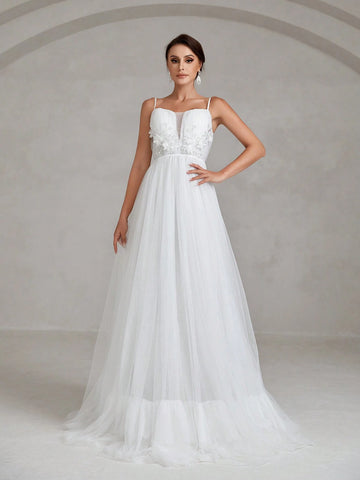 Floral Appliques Mesh Backless Lace Up Cami Wedding Dress Floral Appliques Mesh Backless Lace Up Cami Wedding Dress