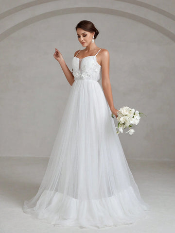Floral Appliques Mesh Backless Lace Up Cami Wedding Dress Floral Appliques Mesh Backless Lace Up Cami Wedding Dress