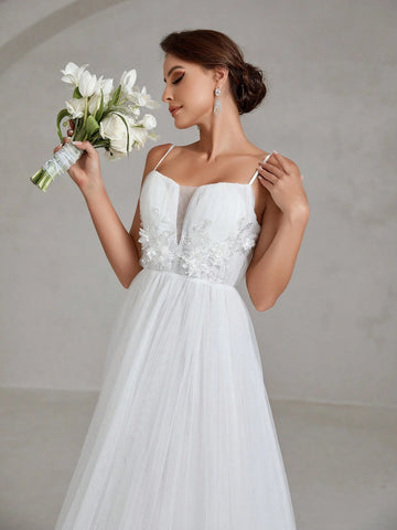 Floral Appliques Mesh Backless Lace Up Cami Wedding Dress Floral Appliques Mesh Backless Lace Up Cami Wedding Dress
