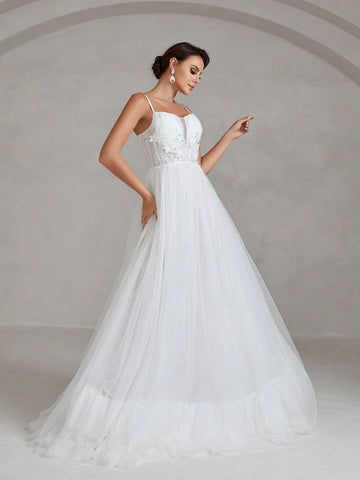 Floral Appliques Mesh Backless Lace Up Cami Wedding Dress Floral Appliques Mesh Backless Lace Up Cami Wedding Dress