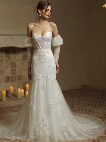 Floral Appliques Mesh Overlay Tube Wedding Dress Floral Appliques Mesh Overlay Tube Wedding Dress