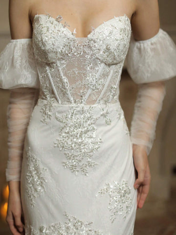 Floral Appliques Mesh Overlay Tube Wedding Dress Floral Appliques Mesh Overlay Tube Wedding Dress