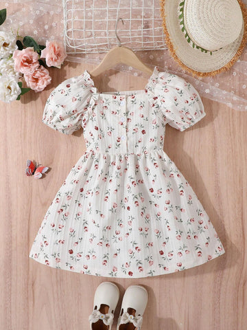 Floral Dress For Young Girls, New Collection, French Design With Square Neckline And Short Sleeves, Gentle Style Floral Dress For Young Girls, New Collection, French Design With Square Neckline And Short Sleeves, Gentle Style